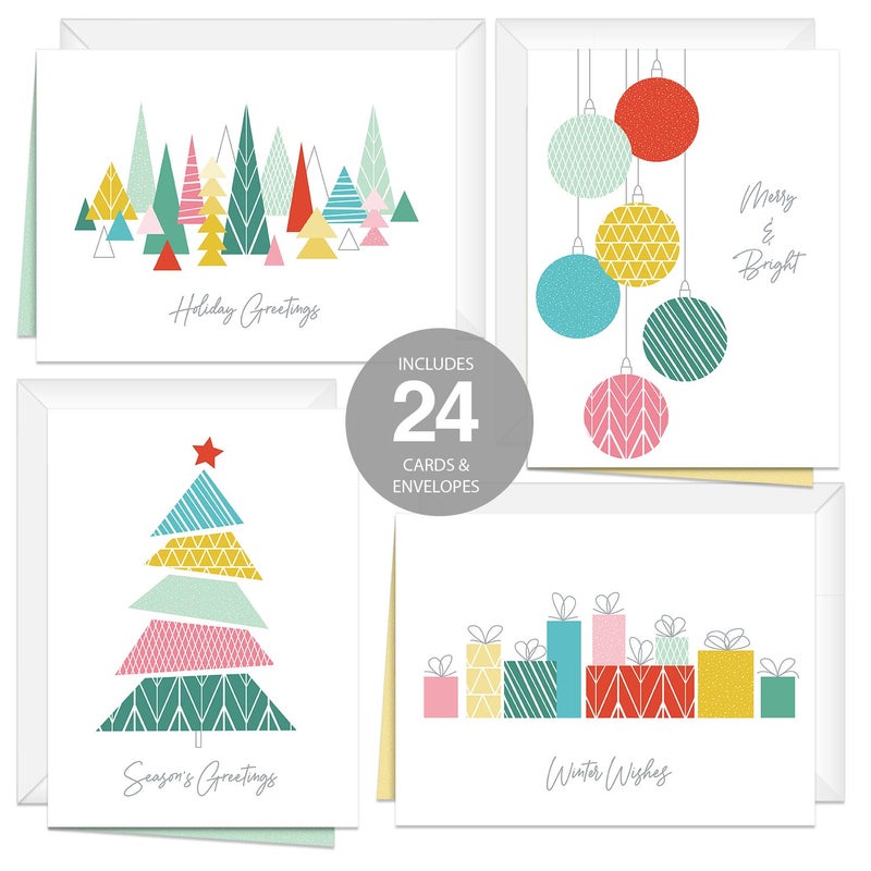 Canopy Street Modern Pattern Holiday Card Pack / 24 Cards With White Envelopes / 4 Fun Vibrant Winter Designs / 4 5/8" x 6 1/4" Festive Christmas Note Cards - Image 2
